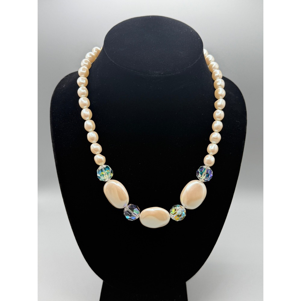 Vintage YSL Yves Saint Laurent Faux Pearl and Crystal Statement Necklace #1049